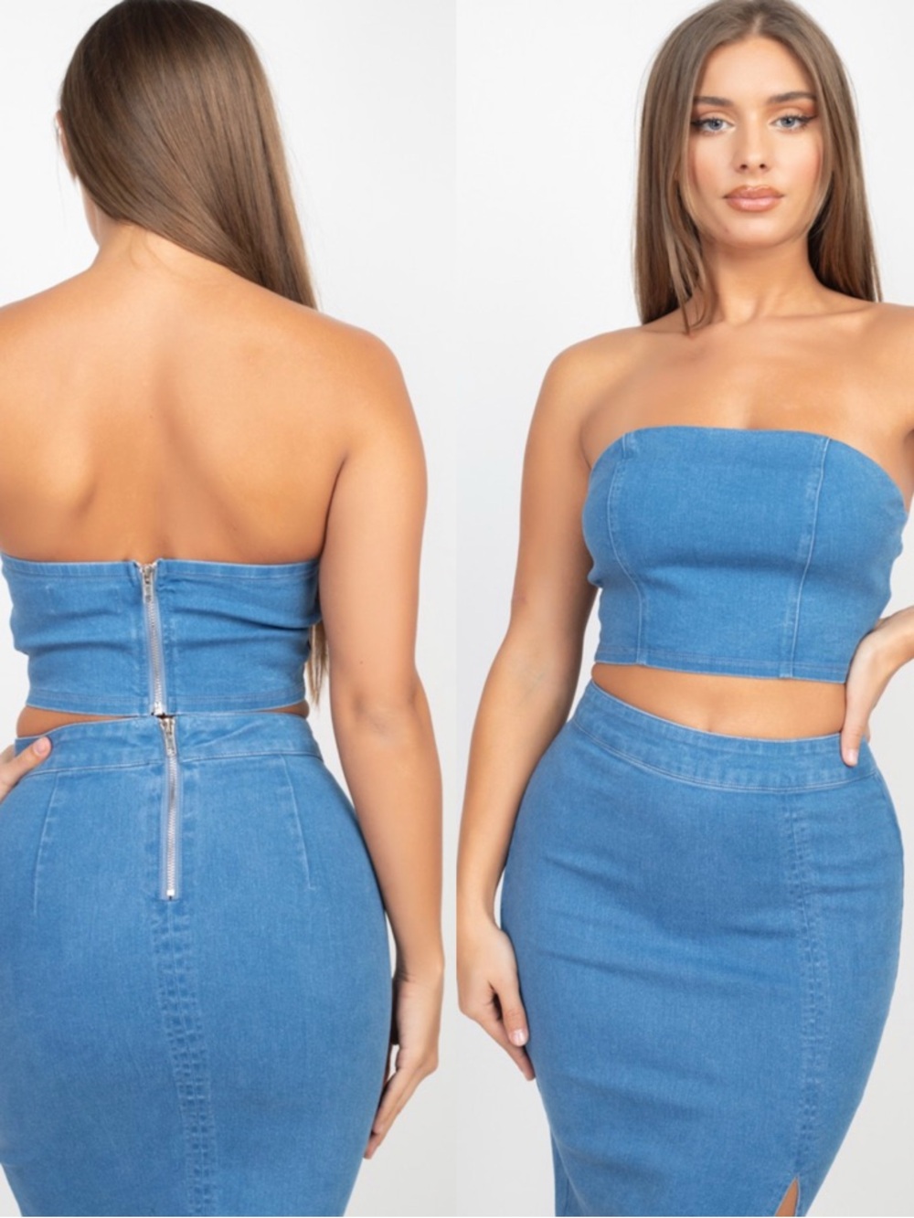 Haute Monde Blue Denim Midi Pencil Skirt with Front Slit - Picture 7 of 12